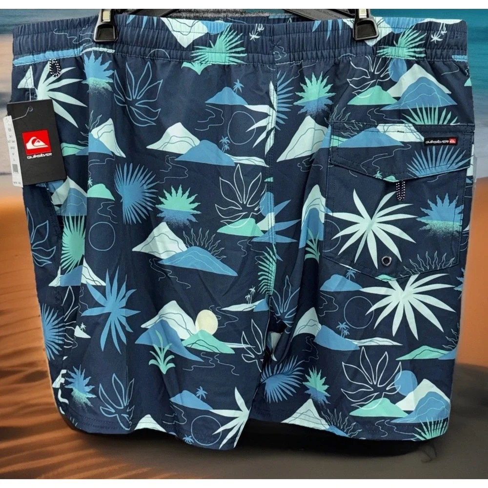 Quiksilver Mens Swim Trunks XXL Navy Blue Tropical Palm Print Board Shorts NEW